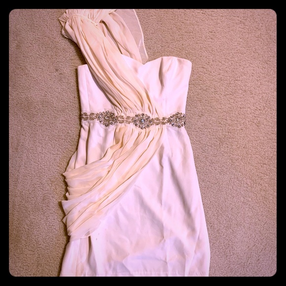 open lace back dress Goddess Mood Dress  One-Shoulder Silver Metallic Drape Dress